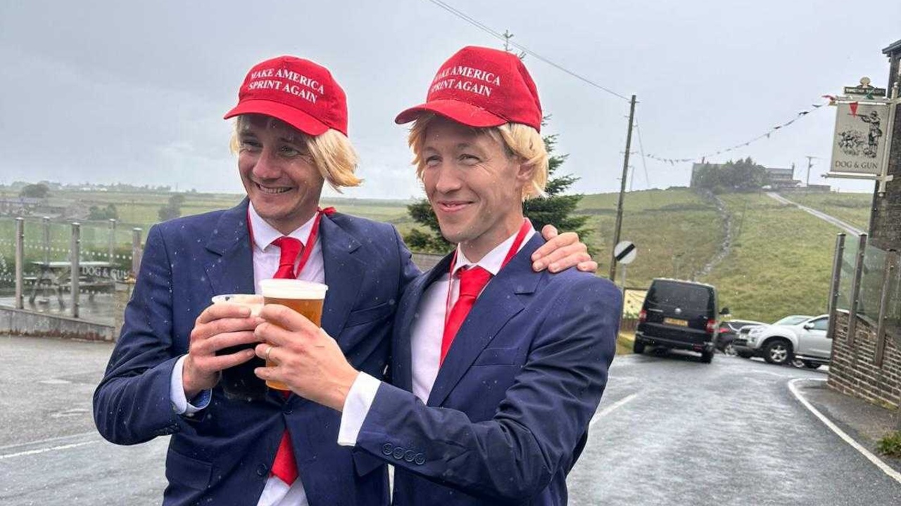 Olympic legend Alistair Brownlee dons Trump costume and downs pints in fundraising Oxenhope Straw Race